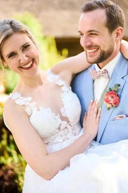 Simple Long White A-line V-neck Sleeveless Tulle Lace Wedding Dress with Slit by misshow.com