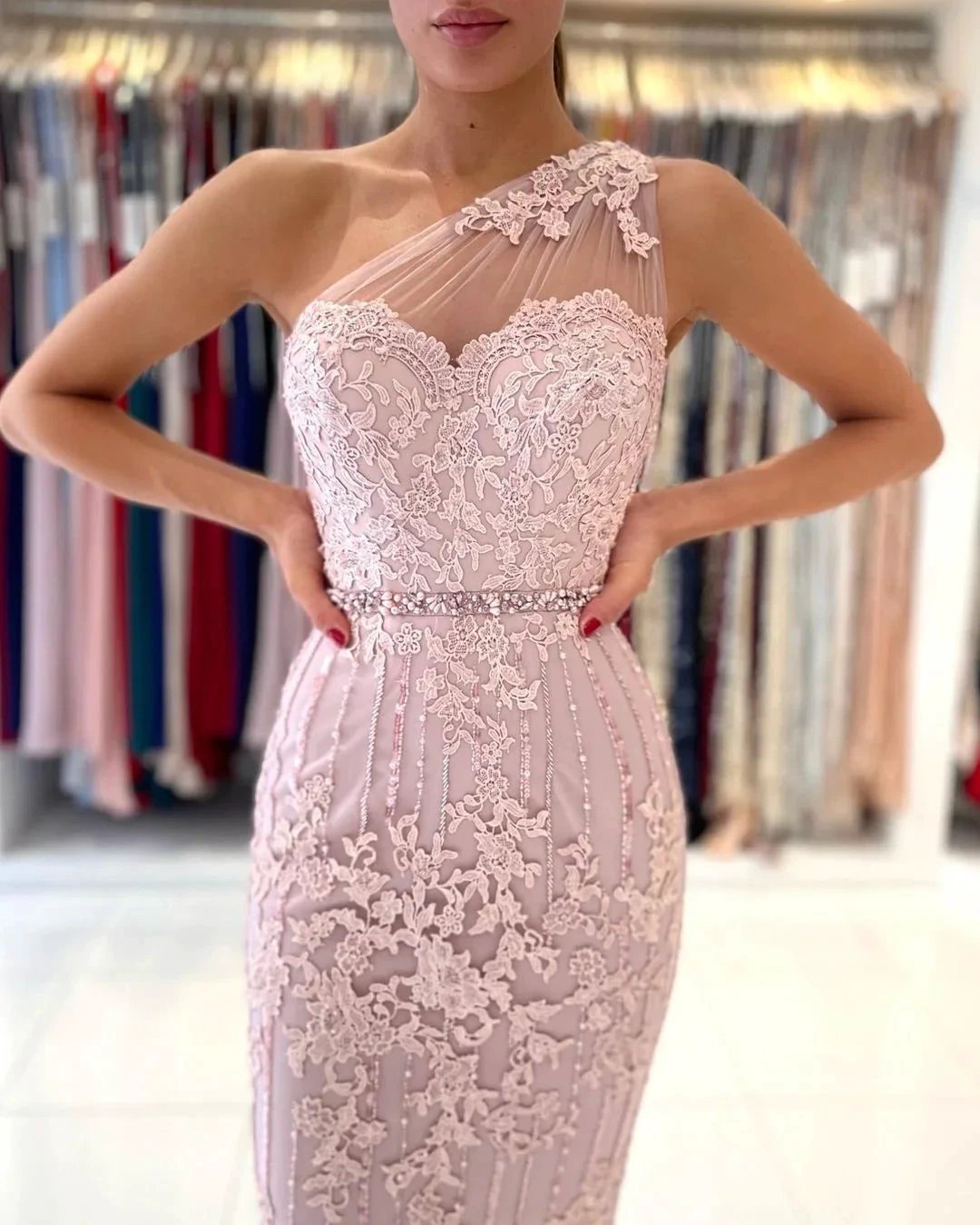 Simple Mermaid One Shoulder Floral Lace Short Formal Party Dress by BIZTUNNEL
