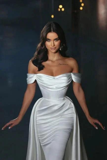 Simple Off-the-shoulder Satin A-line Sleeveless Wedding Dresses With Detachable Train by misshow.com