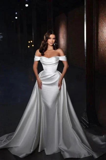 Simple Off-the-shoulder Satin A-line Sleeveless Wedding Dresses With Detachable Train by misshow.com