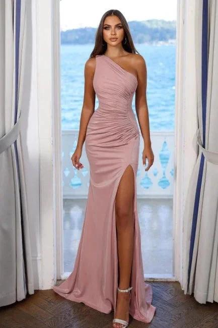 Simple One Shoulder Evening Dresses Long Pink Prom Dresses With Slit by misshow.com