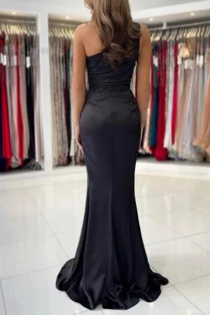 Simple One-shoulder Sleeveless Mermaid Floor-Length Prom Dresses with Ruffles by misshow.com