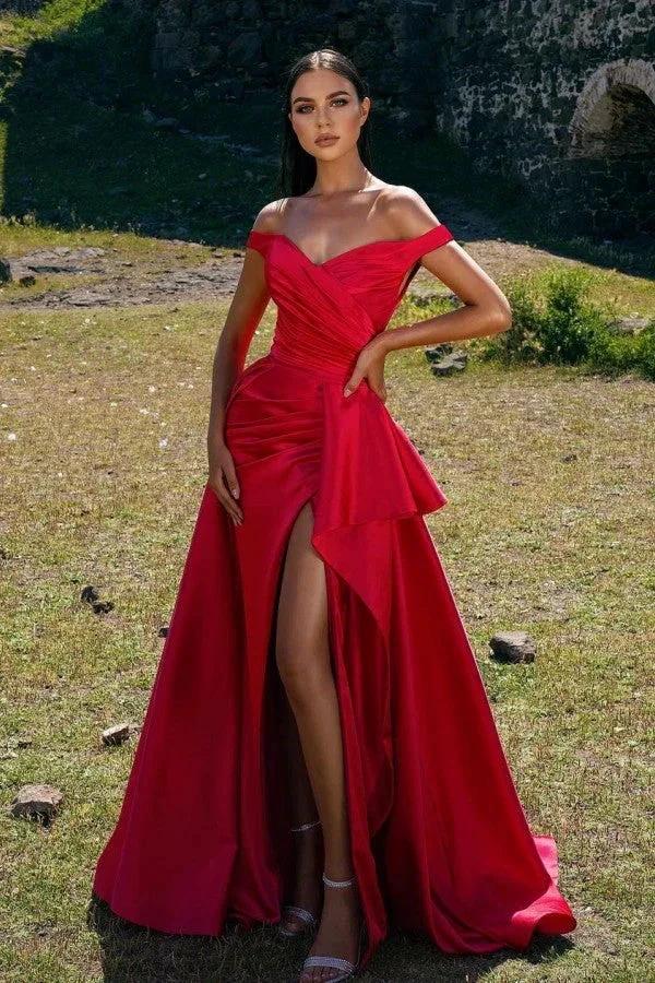 Simple Red A-line Off-the-shoulder Long Prom dress with Slit by BIZTUNNEL