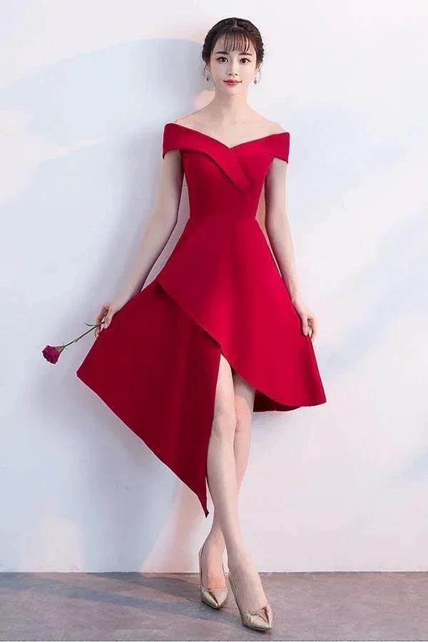 Simple Red Satin Off The Shoulder Homecoming Dresses Party Dresses PD090 by pgmdress