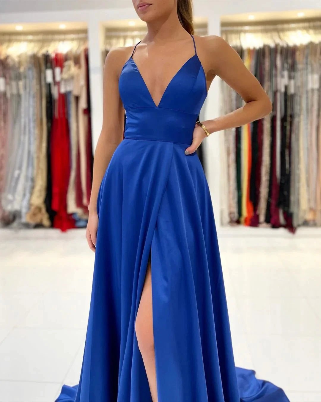 Simple Royal Blue A-line V-neck Backless Long Prom Dress with Slit by BIZTUNNEL