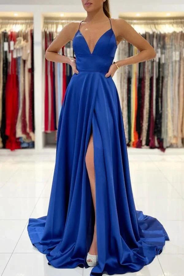 Simple Royal Blue A-line V-neck Backless Long Prom Dress with Slit by BIZTUNNEL