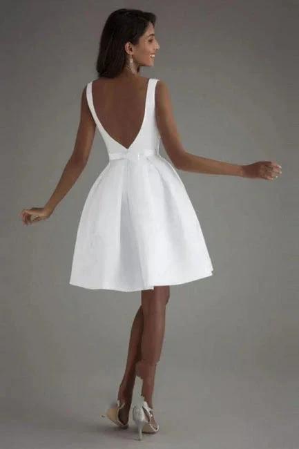 Simple Short White Sleeveless Backless Wedding Dresses by misshow.com
