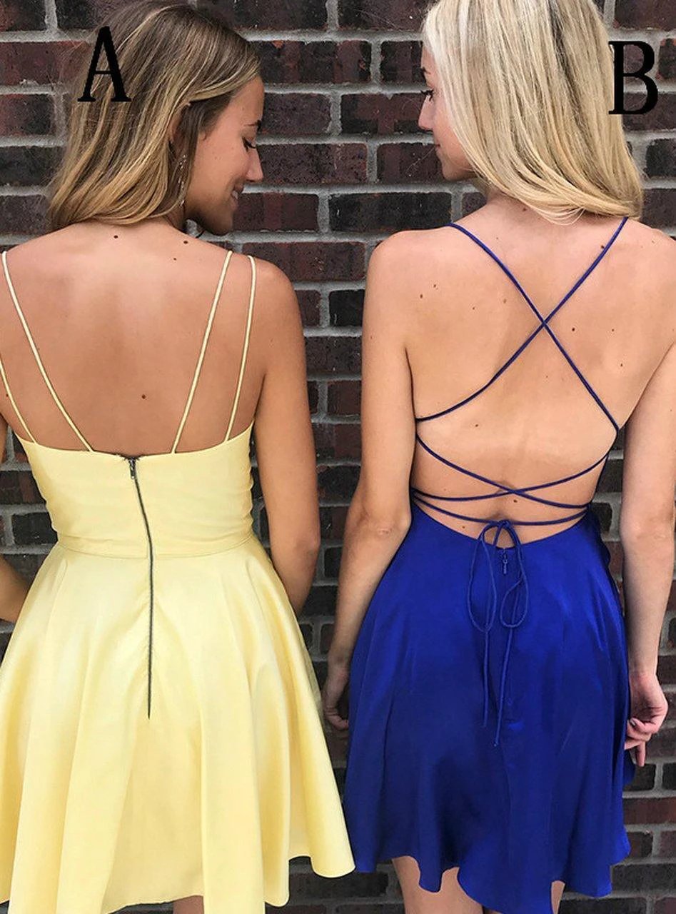 Simple Spaghetti Strap Yellow/Royal Blue Short Homecoming Dress PD275 by pgmdress