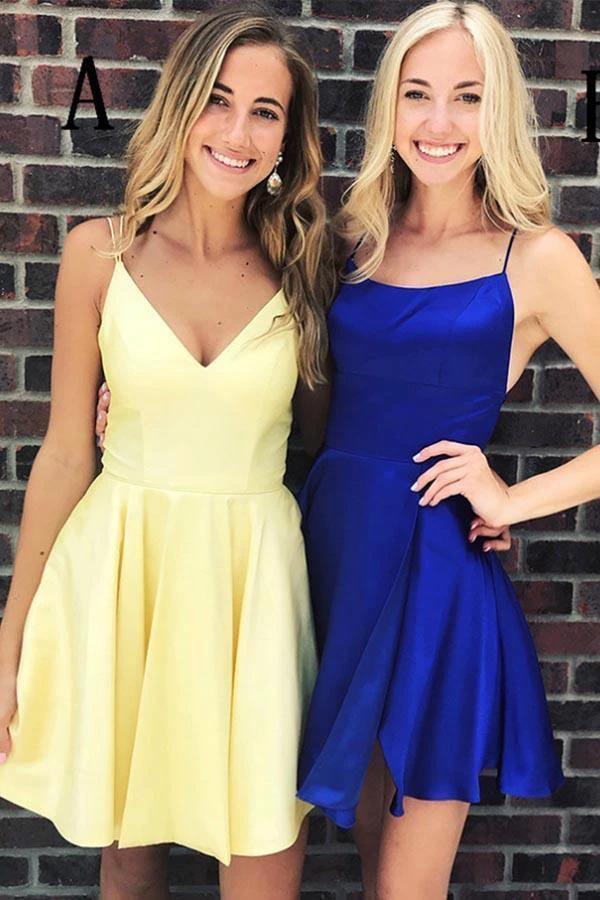 Simple Spaghetti Strap Yellow/Royal Blue Short Homecoming Dress PD275 by pgmdress