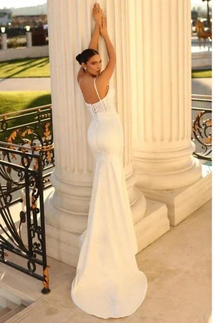 Simple spaghetti straps sleeveless mermaid satin wedding dress with lace by misshow.com