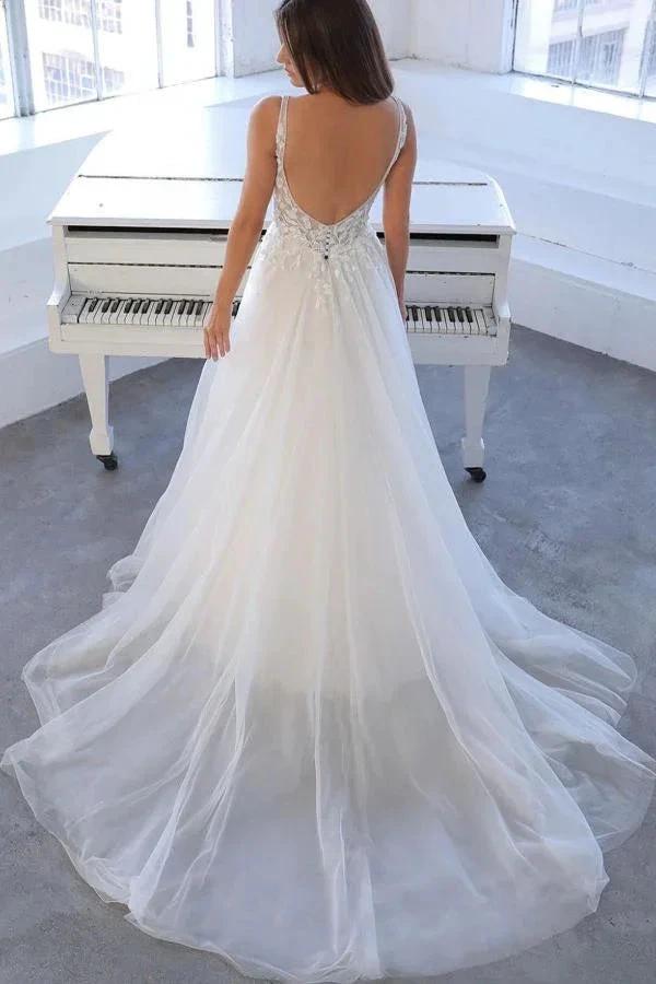 Simple White Long A-line V-neck Tulle Lace Backless Wedding Dress by BIZTUNNEL