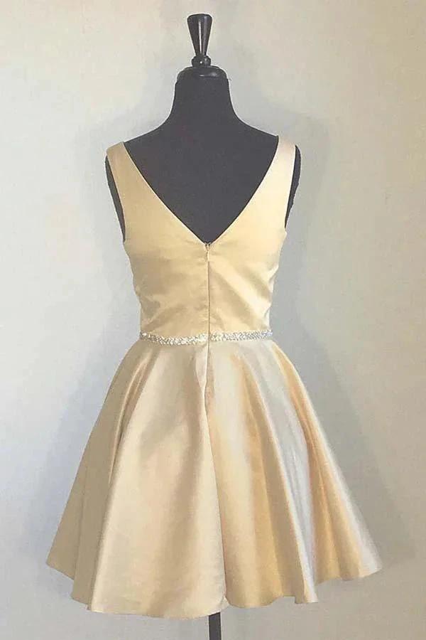 Simple Yellow Homecoming Dresses Broad Strap V Neck Beaded PD173 by pgmdress