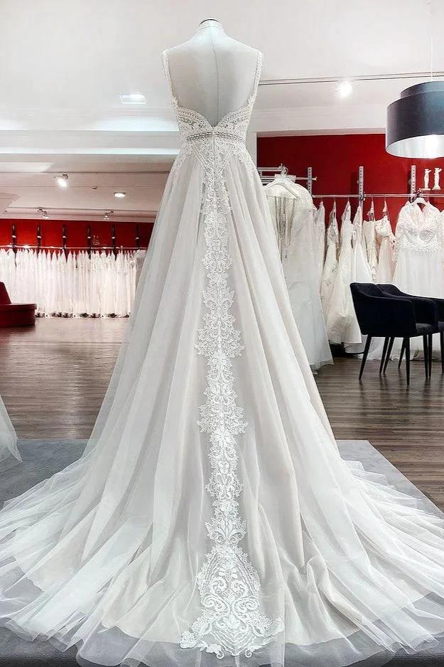 Vestidos de Noiva Simples Longos em Tule com Renda, Corte em A e Costas Abertas