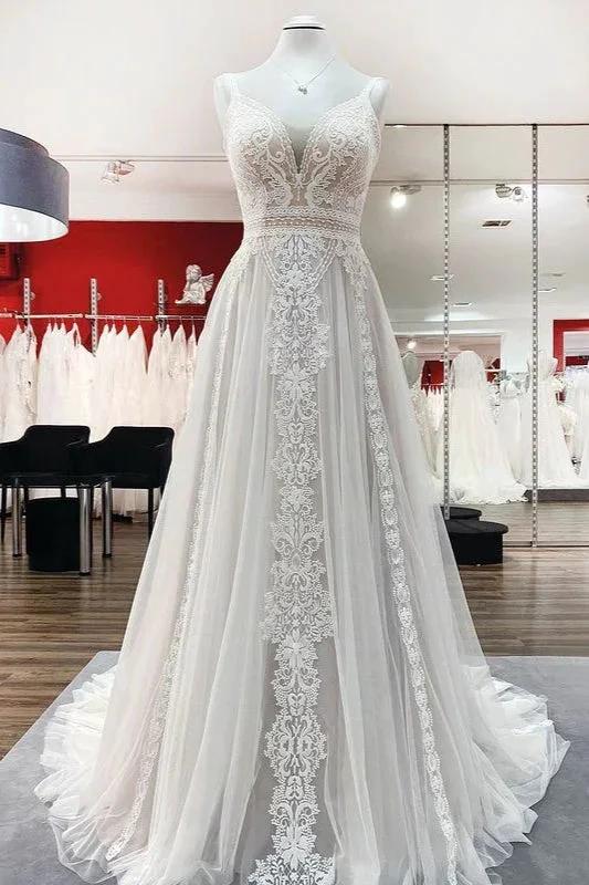 Vestidos de Noiva Simples Longos em Tule com Renda, Corte em A e Costas Abertas