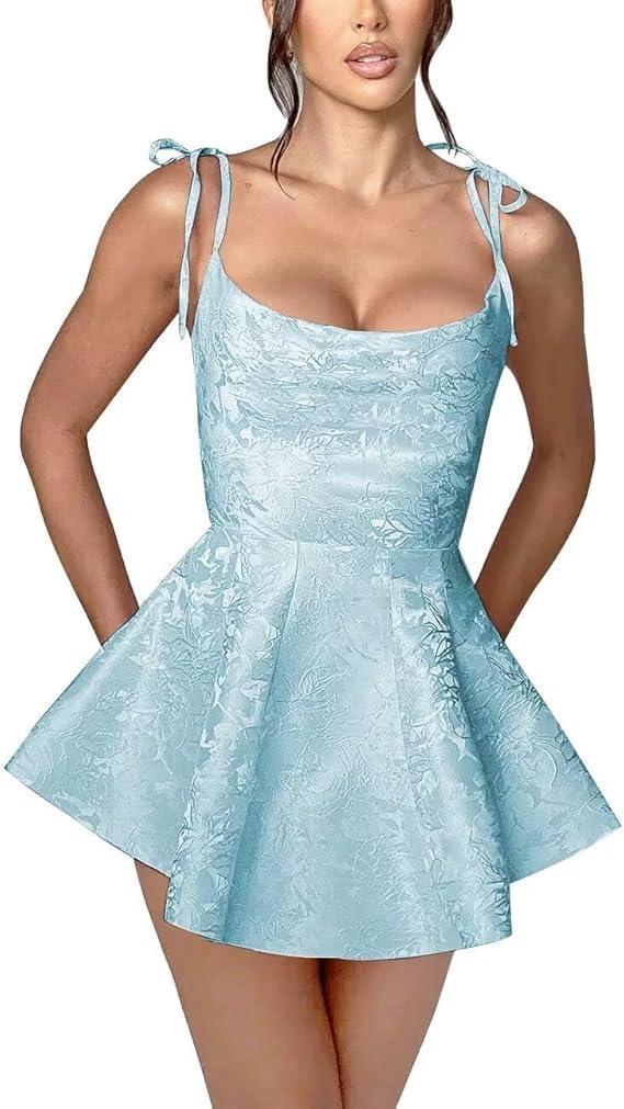 A-line Short Homecoming Dress Spaghetti Straps Satin Sleeveless Party Dress Jacquard Party Dresses by Biztunnel