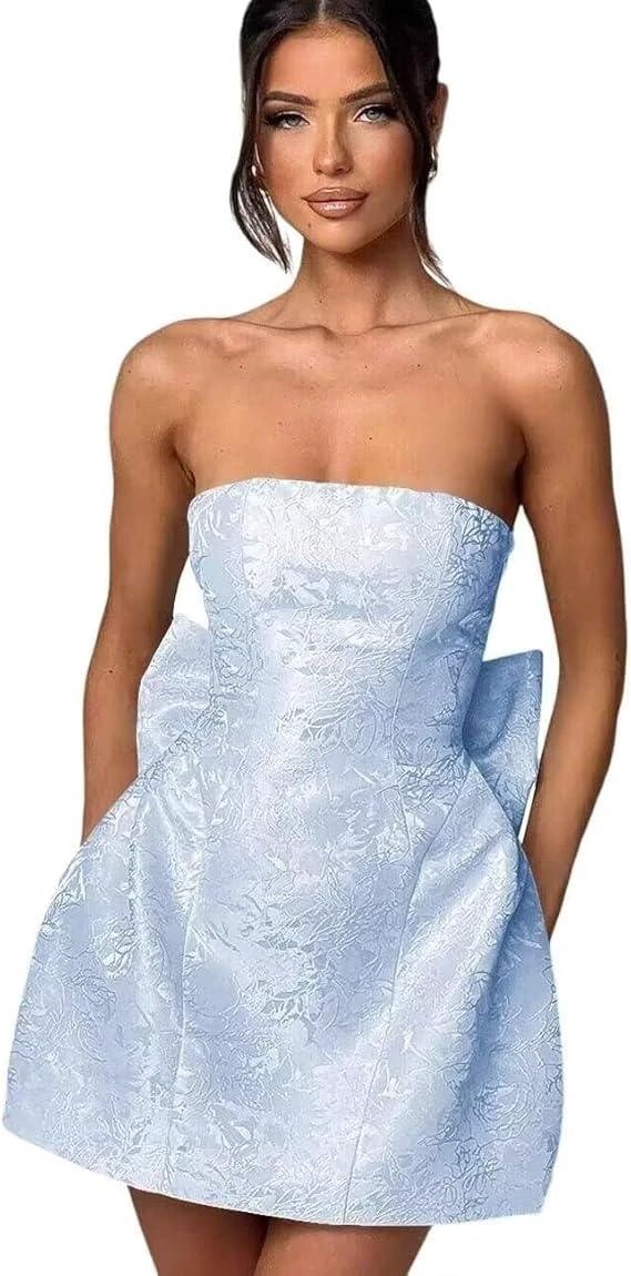 Strapless Short Ball Gown Homecoming Dress Sleeveless Lace up Jacquard Satin Party Dresses with Bow by Biztunnel