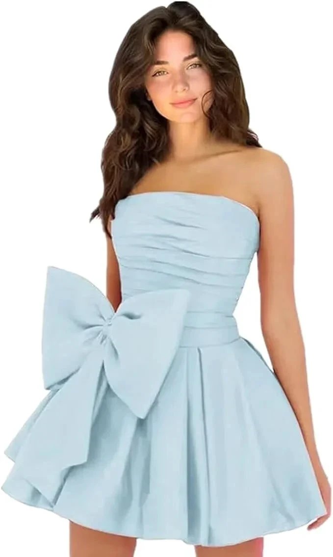 Chic Short Homecoming Dresses A-line Sleeveless Strapless Ruched Lace Up Party Dresses with Bow by Biztunnel