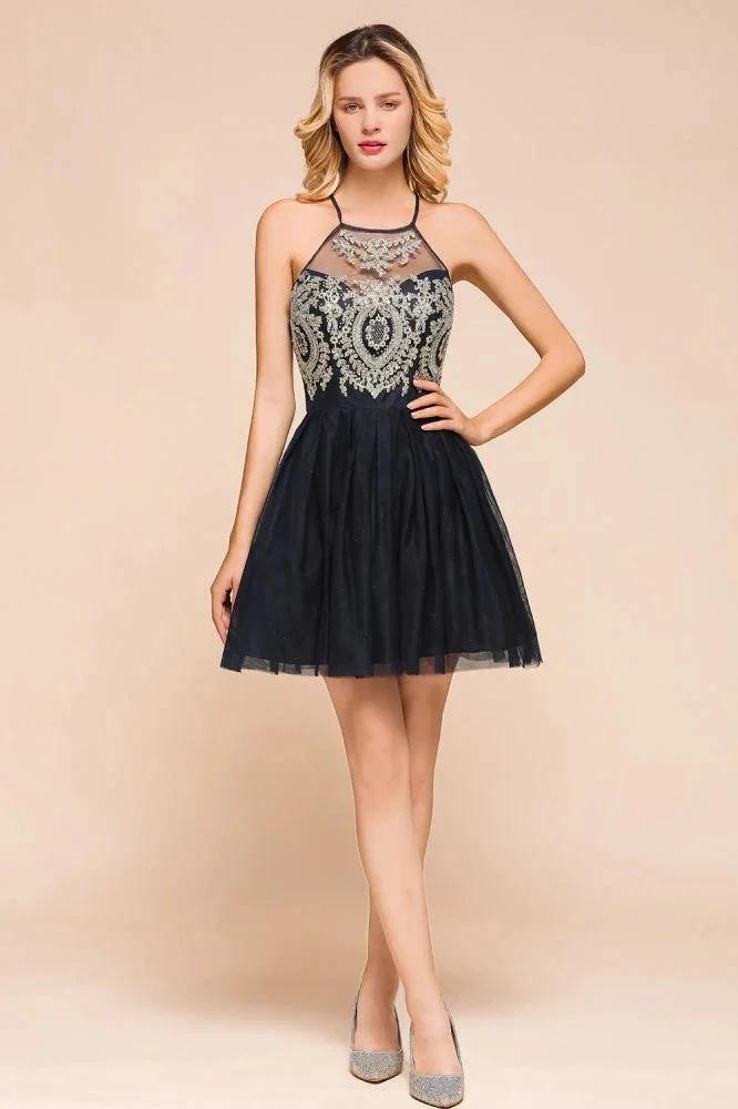 Sleeveless Appliques Tulle Homecoming Dress Mini Prom Dress by misshow.com
