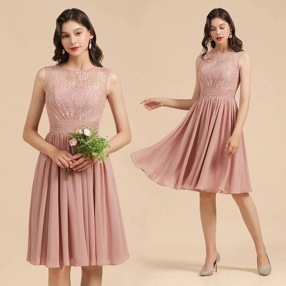 Sleeveless Crew neck Lace Chiffon Party Dress Mini Bridesmaid Dress by misshow.com