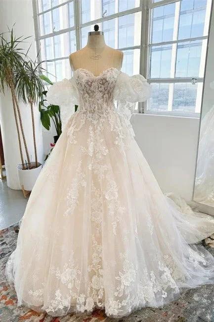 Sleeveless Floor Length Garden Strapless Tulle Lace Wedding Dress with Appliques by misshow.com