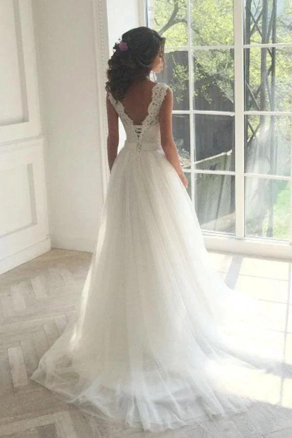Sleeveless Lace White A-Line Sweep Train Wedding Dress WD096 by pgmdress