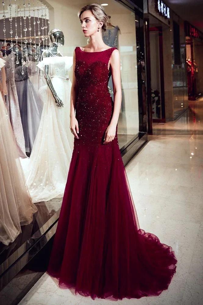 Sleeveless Long Sequined Tulle Burgundy Evening Gown by misshow.com