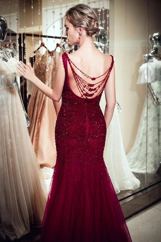 Sleeveless Long Sequined Tulle Burgundy Evening Gown by misshow.com