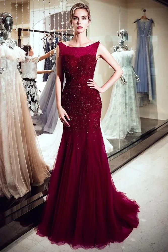 Sleeveless Long Sequined Tulle Burgundy Evening Gown by misshow.com