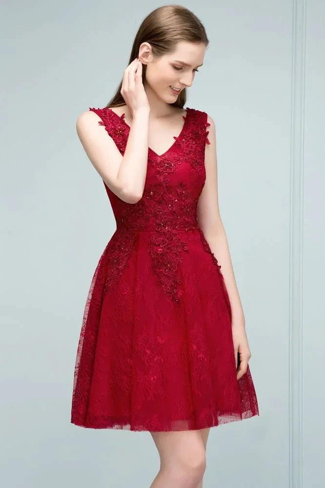 Sleeveless Short A-line V-neck Lace Appliqued Tulle Prom Dresses by misshow.com