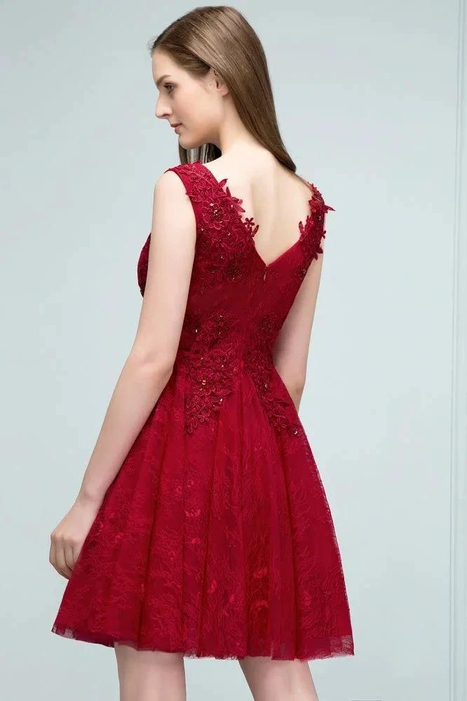 Sleeveless Short A-line V-neck Lace Appliqued Tulle Prom Dresses by misshow.com
