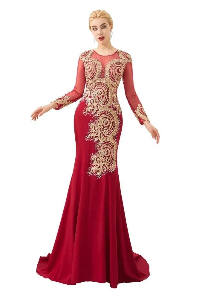 Slim Long Sleeves Gold Appliques Mermaid Evening Gowns Floor Length Event Party Dress by misshow.com