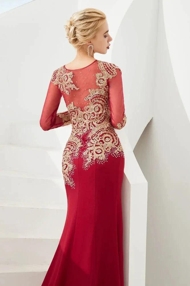 Slim Long Sleeves Gold Appliques Mermaid Evening Gowns Floor Length Event Party Dress by misshow.com