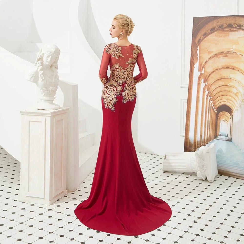 Slim Long Sleeves Gold Appliques Mermaid Evening Gowns Floor Length Event Party Dress by misshow.com