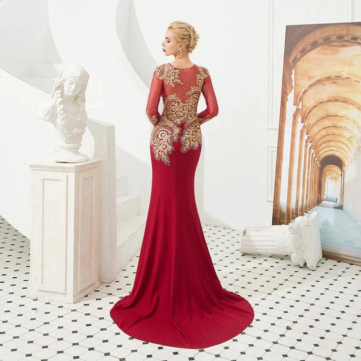 Slim Long Sleeves Gold Appliques Mermaid Evening Gowns Floor Length Event Party Dress by misshow.com