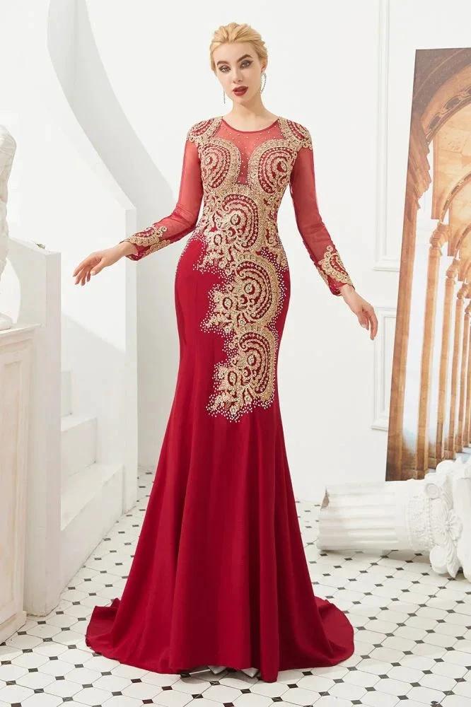 Slim Long Sleeves Gold Appliques Mermaid Evening Gowns Floor Length Event Party Dress by misshow.com