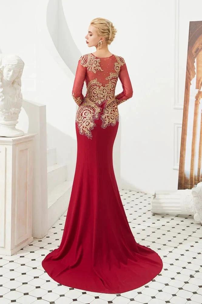 Slim Long Sleeves Gold Appliques Mermaid Evening Gowns Floor Length Event Party Dress by misshow.com