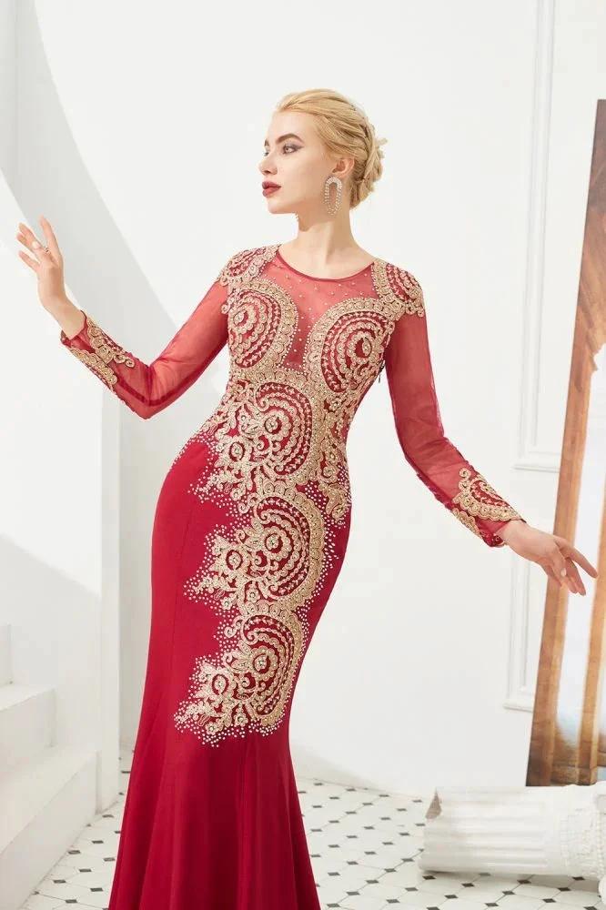 Slim Long Sleeves Gold Appliques Mermaid Evening Gowns Floor Length Event Party Dress by misshow.com