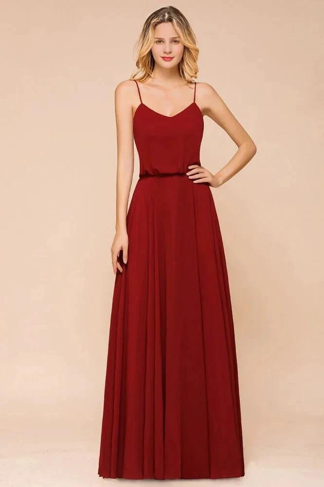 Spaghetti Chiffon Bridesmaid Dress Backless Burgundy Floor-Length Beach Wedding Dress by misshow.com