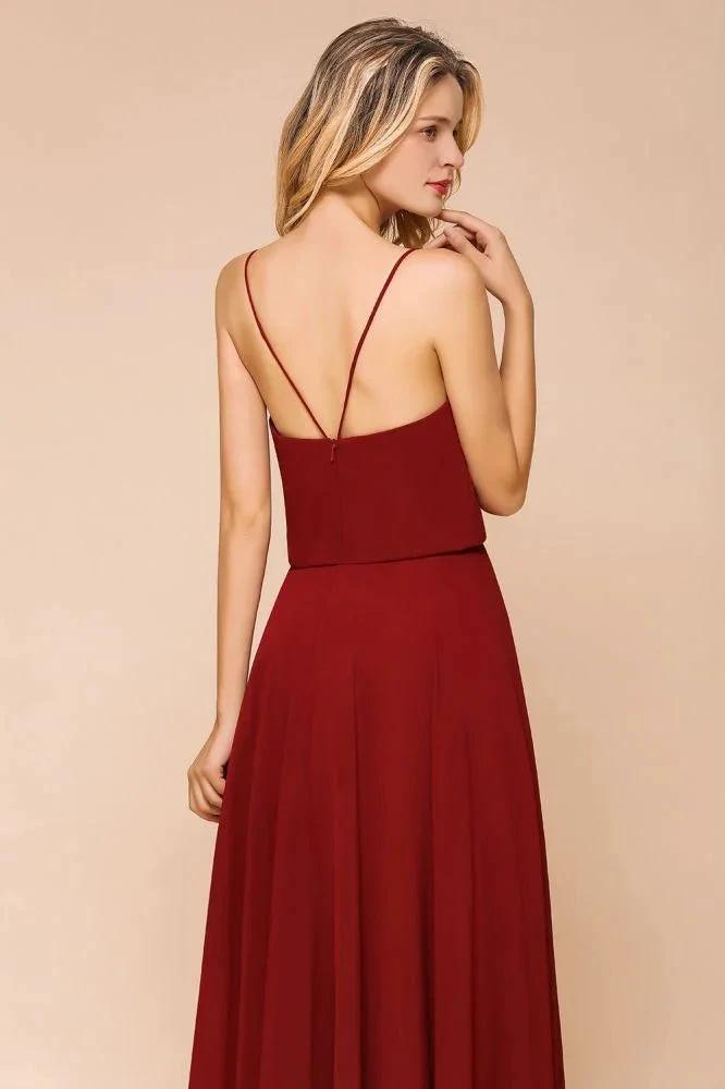 Spaghetti Chiffon Bridesmaid Dress Backless Burgundy Floor-Length Beach Wedding Dress by misshow.com