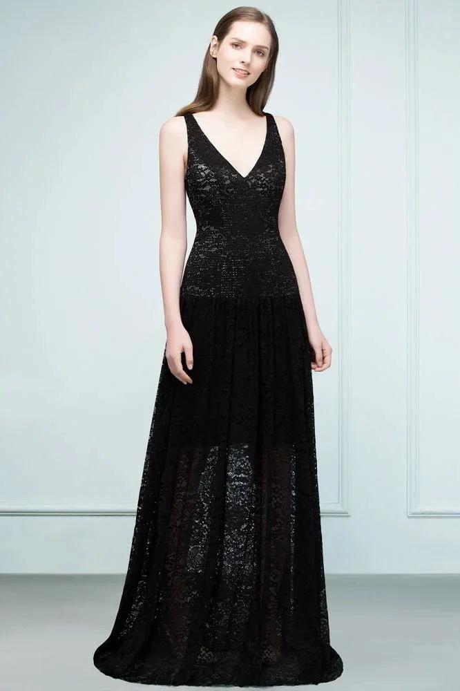Spaghetti Floor Length A-line V-neck Lace Bridesmaid Dresses by misshow.com