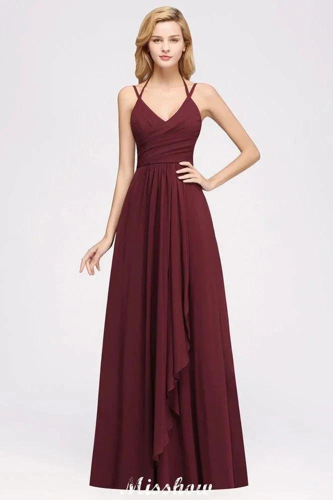 Spaghetti Sleeveless Ruffles A-line Chiffon Bridesmaid Dresses Straps Evening Maxi Dress by misshow.com