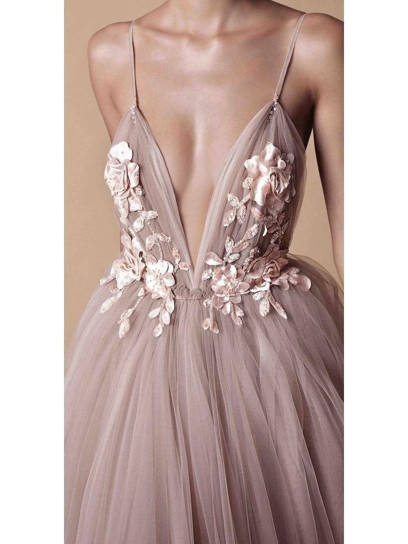 Spaghetti Strap Deep V Neck Beach Wedding Dresses With Applique WD321 by pgmdress