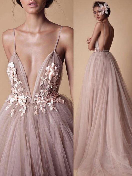 Spaghetti Strap Deep V Neck Beach Wedding Dresses With Applique WD321 by pgmdress