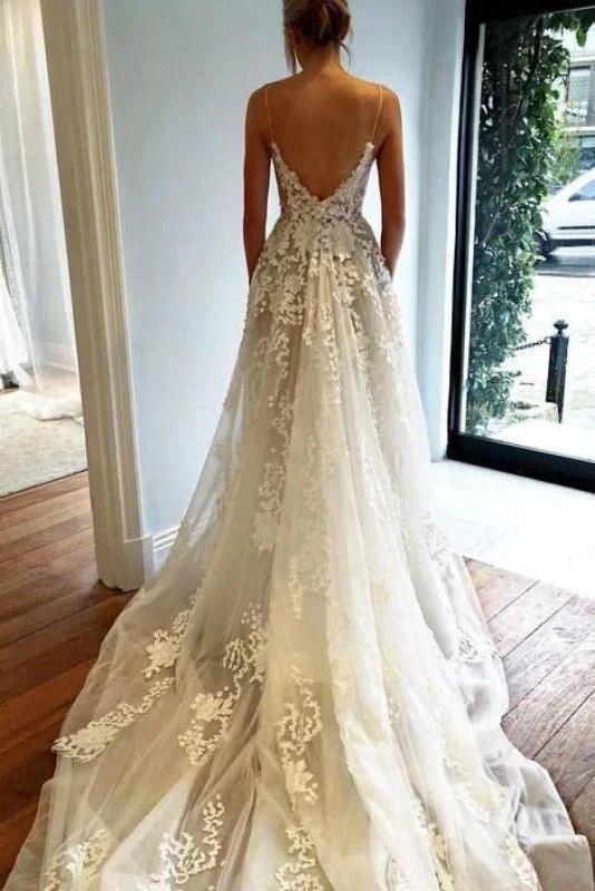 Spaghetti Strap V Neck Beach Court Train Tulle Elegant Wedding Dresses with Lace by misshow.com
