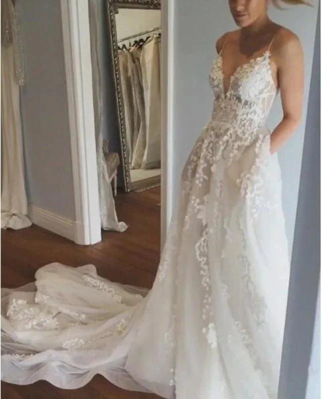 Spaghetti Strap V Neck Beach Court Train Tulle Elegant Wedding Dresses with Lace by misshow.com