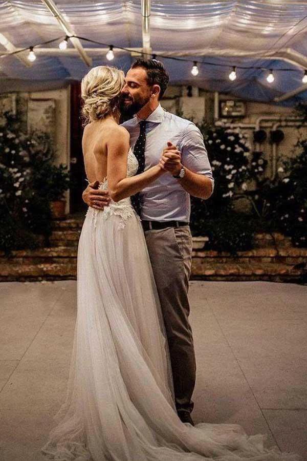 Spaghetti Strap V Neck Beach Wedding Dresses Backless Bridal Dresses WD285 by pgmdress