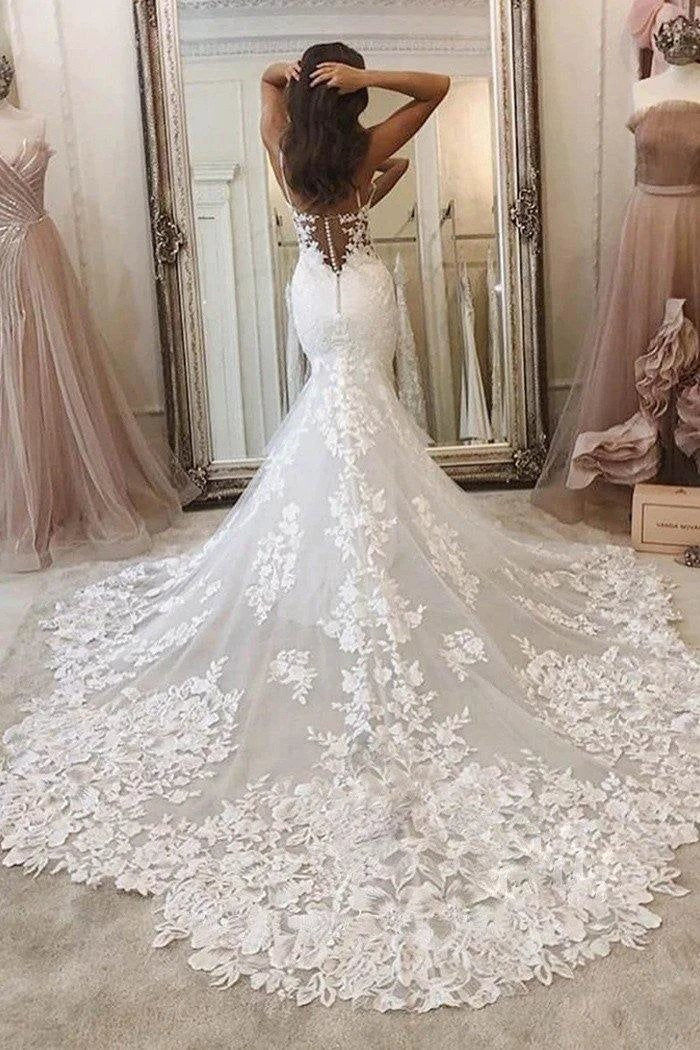 Spaghetti Straps Deep V Neck Mermaid Sweep Train Wedding Dress WD513 by pgmdress