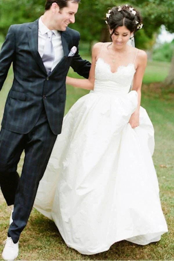 Spaghetti Straps Floor-Length Ivory Wedding Dress With Lace WD117 by pgmdress