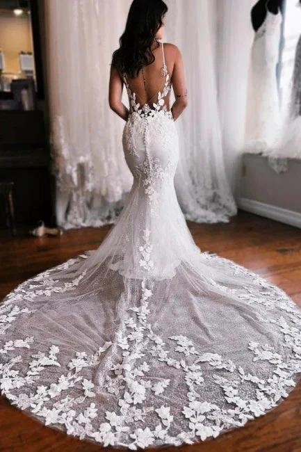 Spaghetti Straps Mermaid Floor Length Lace Wedding Dress with Chapel Train by misshow.com