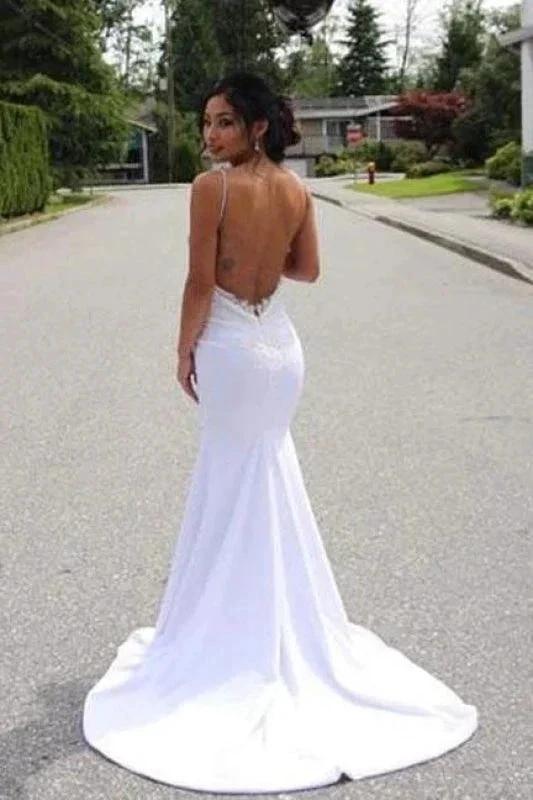 Spaghetti Straps Pretty Mermaid Lace Appliques Sexy Backless Elegant Wedding Dresses by misshow.com